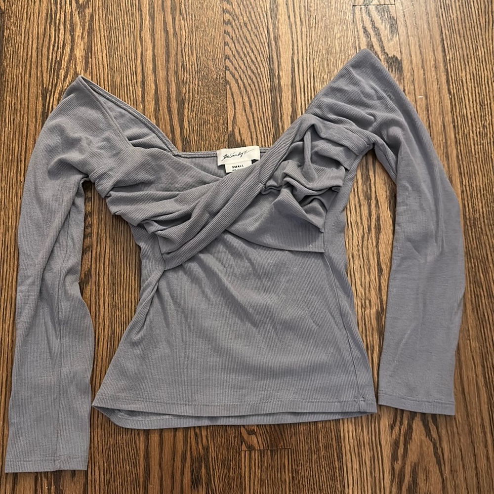 Blue / Gray line by K Tee with crossover detail in chest